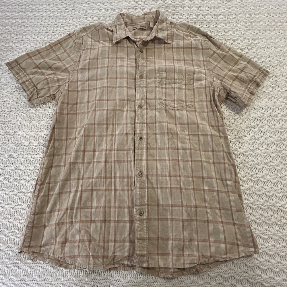 RuffHewn Men's Large Short Sleeve Button Down Plaid‎ Beige T Shirt